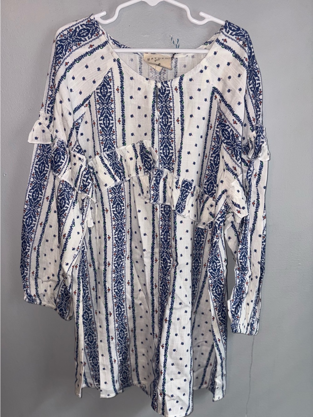 Hayden White & Blue Striped Ruffle Peasant Blouse - Girls